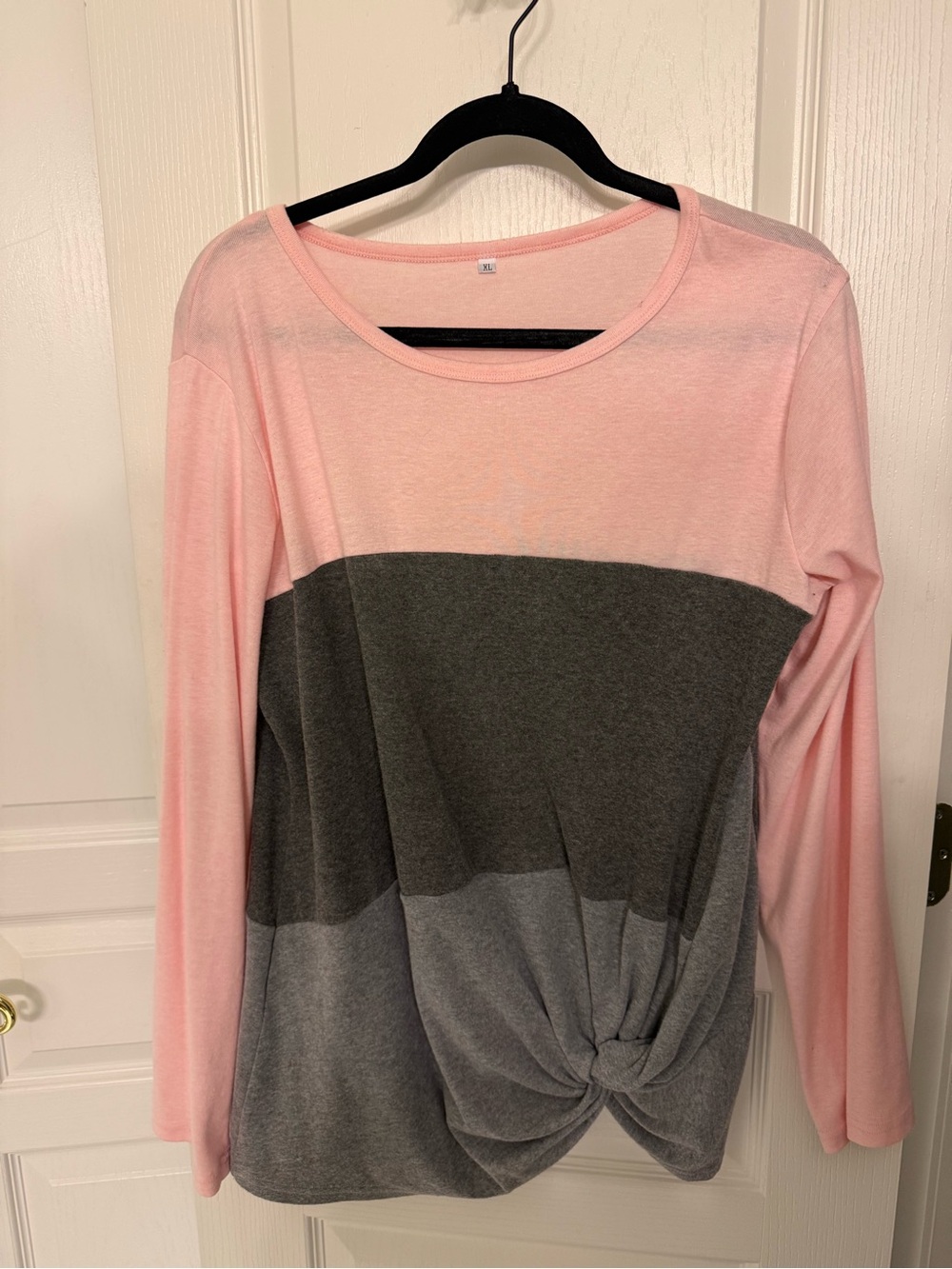 Women's Pink and Gray Colorblock Long Sleeve Twist Hem Top